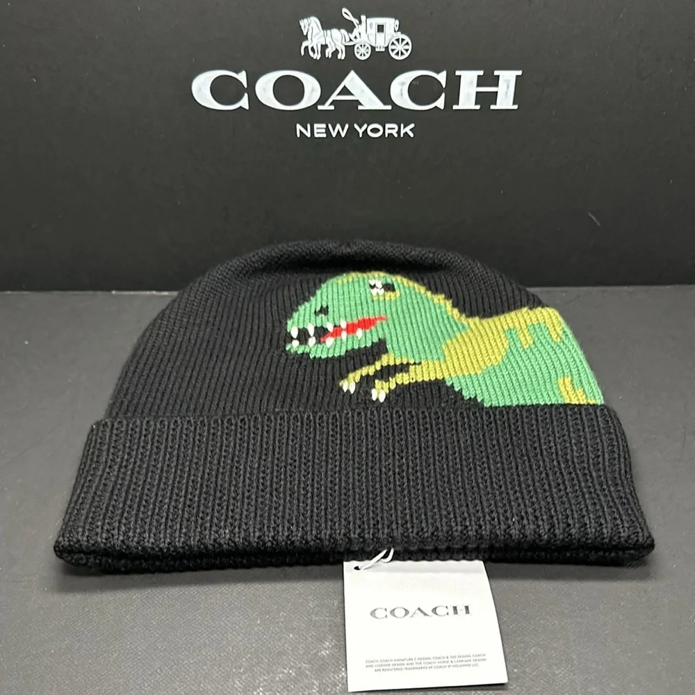 NWT Coach Rexy knit Beanie hat Dinosaur CO105 Limited Edition Cap Black Wool - Picture 3 of 6